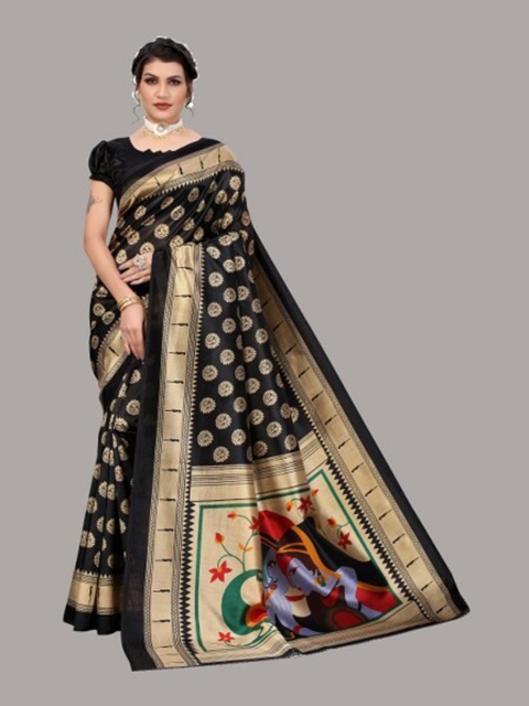 

Yashika Black & Gold-Toned Ethnic Motifs Art Silk Saree