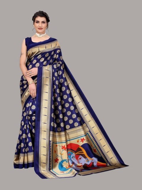 

Yashika Navy Blue & Gold-Toned Ethnic Motifs Art Silk Saree