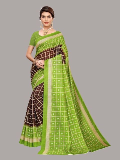 

Yashika Coffee Brown & Green Checked Art Silk Saree