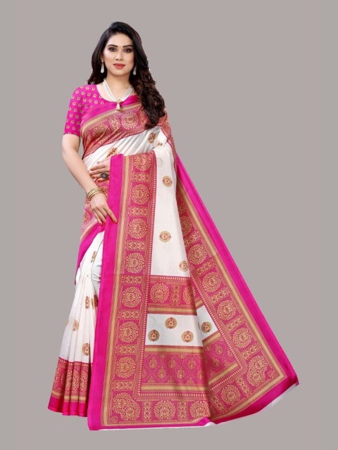 

Yashika Pink & White Woven Design Zari Art Silk Saree
