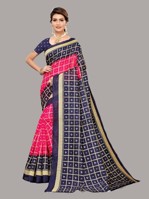 

Yashika Pink & Navy Blue Checked Art Silk Saree