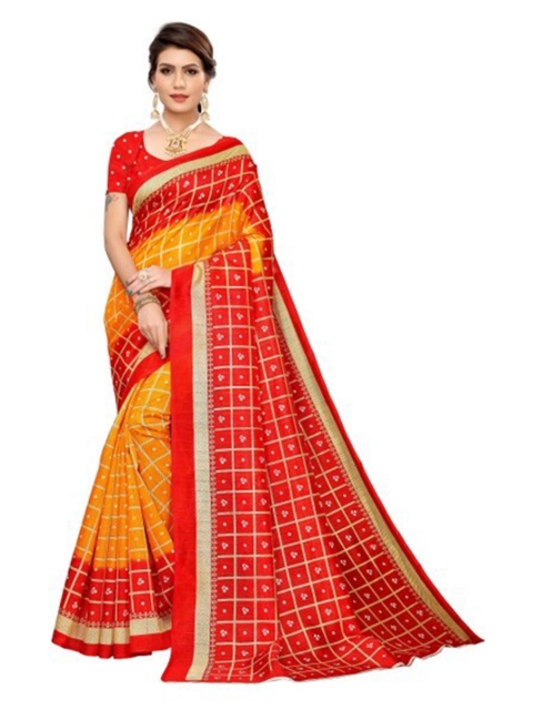 

Yashika Yellow & Red Bandhani Art Silk Saree