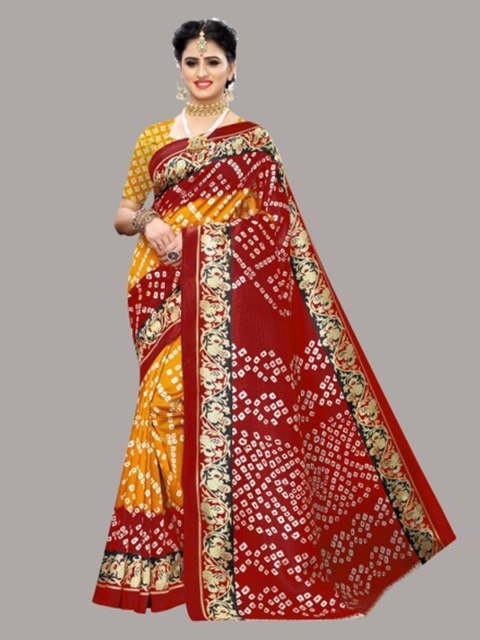 

Yashika Red & Yellow Bandhani Art Silk Saree