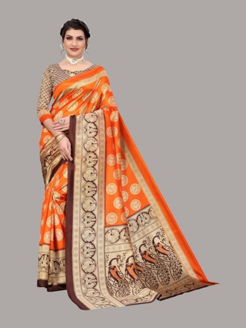 

Yashika Orange & Brown Floral Art Silk Saree