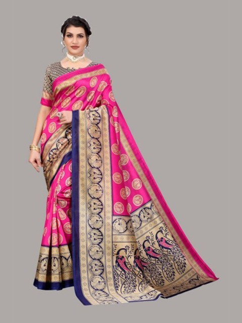 

Yashika Pink & Blue Ethnic Motifs Art Silk Saree