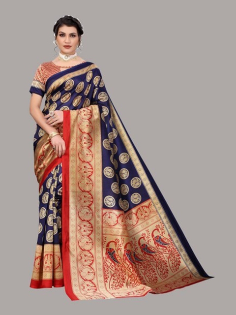 

Yashika Navy Blue & Red Floral Art Silk Saree