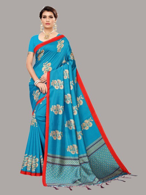 

Yashika Blue & Gold-Toned Floral Art Silk Saree