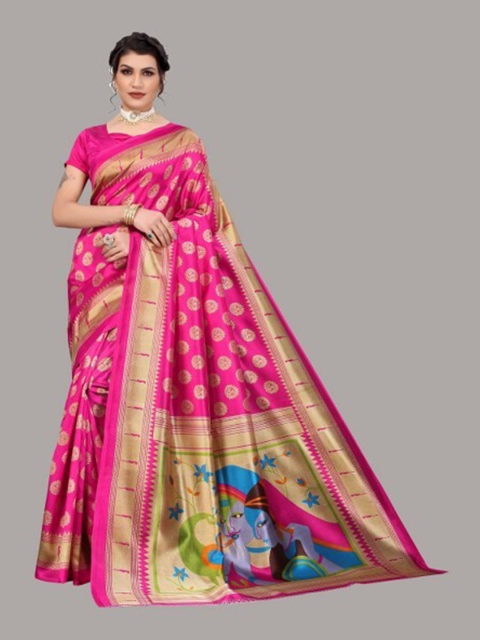 

Yashika Pink & Green Ethnic Motifs Art Silk Saree