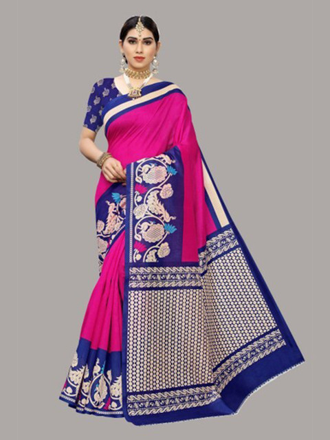 

Yashika Pink & Navy Blue Floral Art Silk Saree