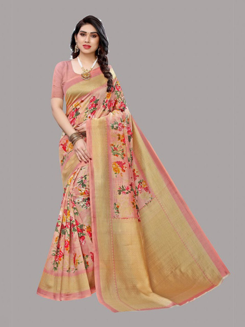 

Yashika Peach-Coloured & Red Floral Art Silk Saree