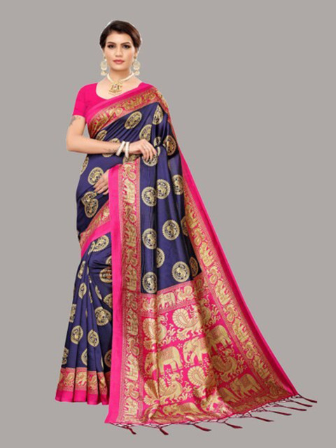 

Yashika Navy Blue & Pink Ethnic Motifs Art Silk Saree