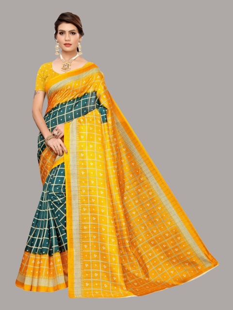 

Yashika Green & Mustard Checked Art Silk Saree
