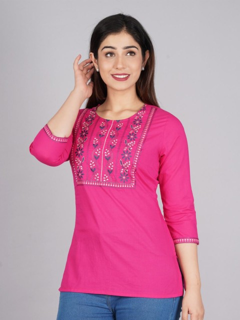 

NITVAN Pink Ethnic Motifs Embroidered Thread Work Pure Cotton Thread Work Kurti