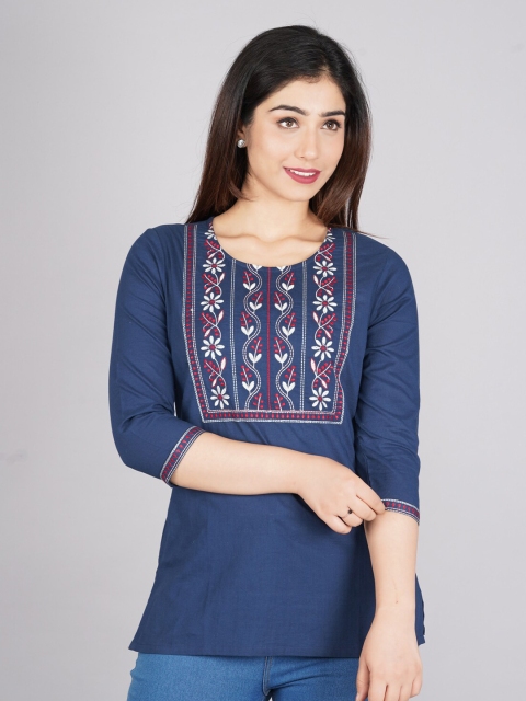 

NITVAN Blue Ethnic Motifs Embroidered Thread Work Pure Cotton Thread Work Kurti