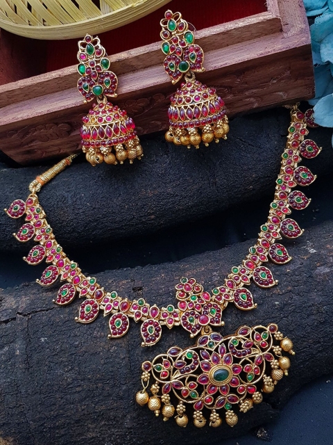 

GRIIHAM Gold Plated & Green Studded Jewellery Set
