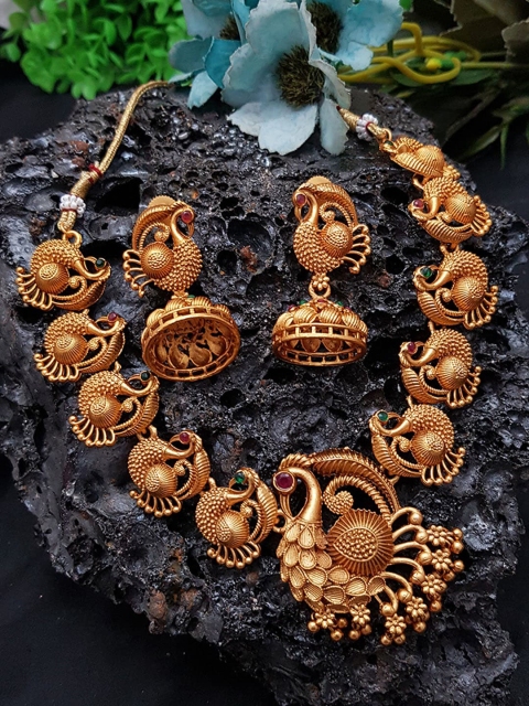 

GRIIHAM Gold Plated Pink & Green AD-Studded Peacock Jewellery Set