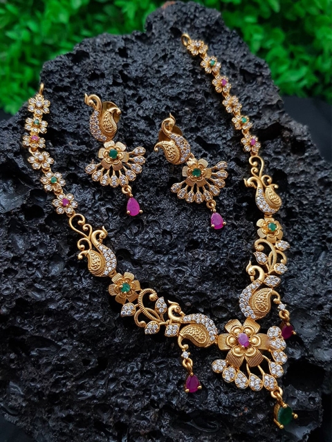 

GRIIHAM Gold-Plated White & Green AD Stone-Studded Jewellery Set