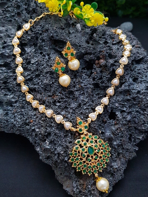 

GRIIHAM Gold-Plated Green & White CZ Studded & Pearl Beaded Jewellery Set