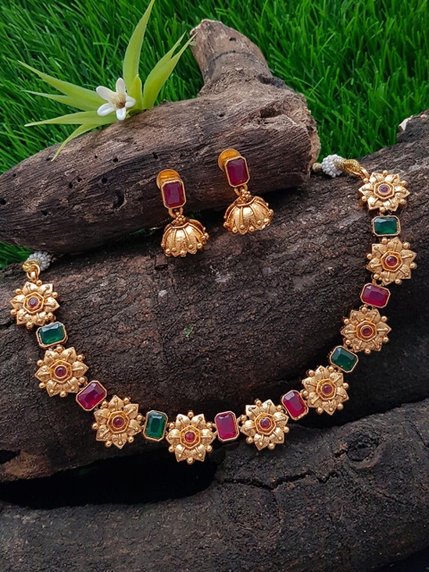 

GRIIHAM Gold-Plated & Magenta-Pink & Green AD-Studded Antique Jewellery Set, Multi