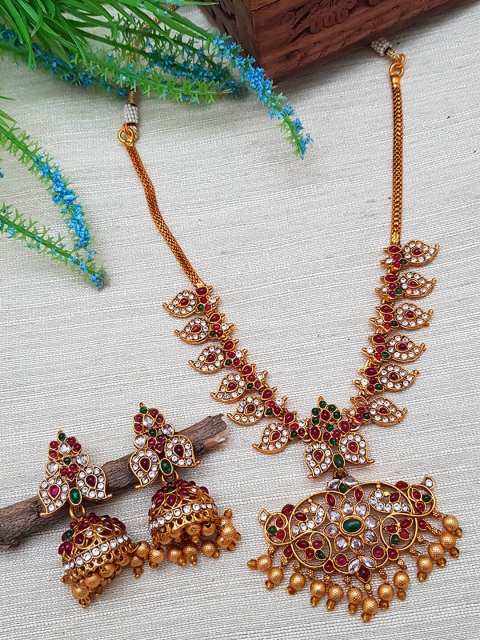 

GRIIHAM Gold-Plated Gold Stone Studded Mango Design Jewellery Set