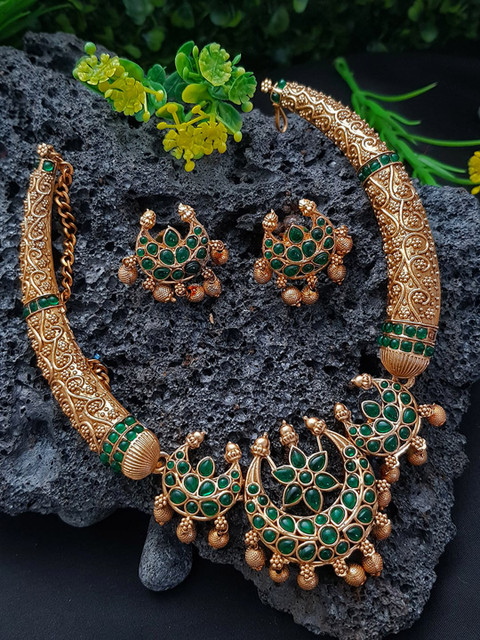 

GRIIHAM Gold-Plated Green AD Stone-Studded Jewellery Set