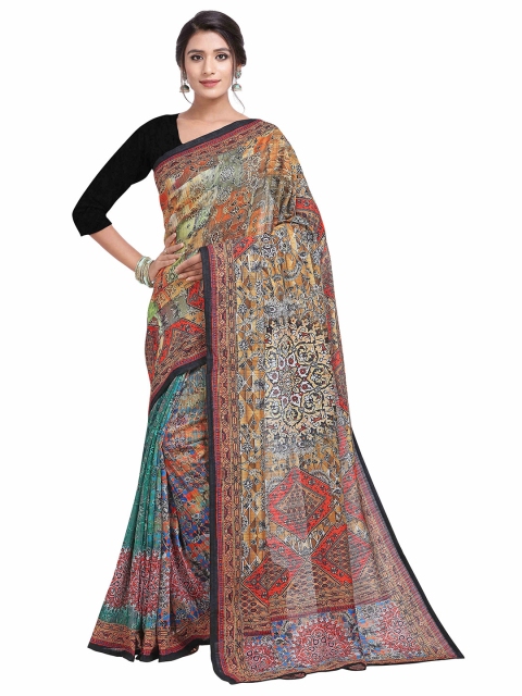 

SAPTRANGI Blue & Red Kalamkari Pure Linen Bhagalpuri Saree