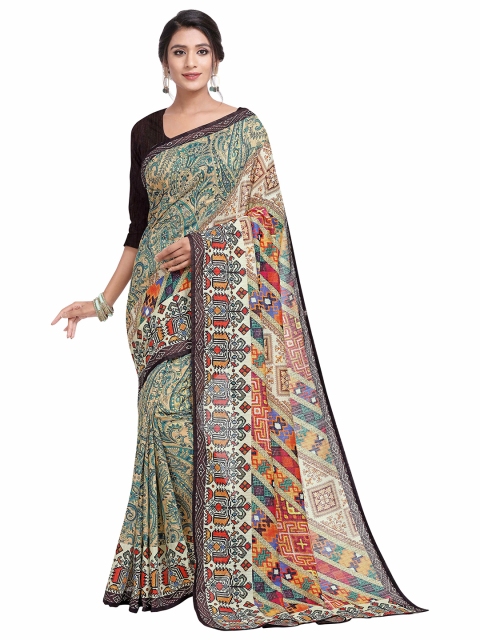 

SAPTRANGI Cream-Coloured & Black Kalamkari Pure Linen Bhagalpuri Saree