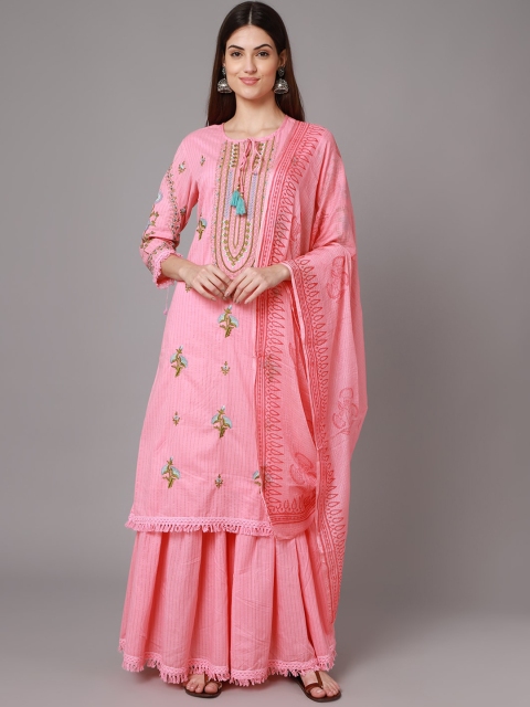 

ANAISA Women Pink Embroidered Pleated Thread Work Pure Cotton Kurti with Sharara & With Dupatta