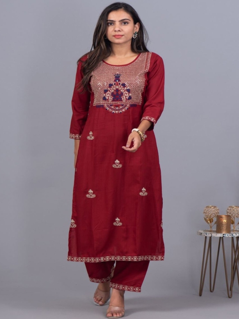 

Meenaya Women Maroon Embroidered Empire Kurti with Trousers