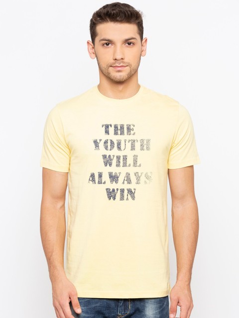 

Status Quo Men Yellow & papaya whip Typography Printed Applique Slim Fit T-shirt