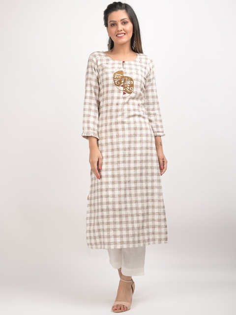 

KAAJH Women Cream-Coloured Checked Keyhole Neck Thread Work Summer Sheers Kurta