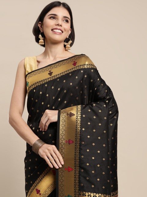 

Mitera Black & Gold-Toned Ethnic Motifs Zari Silk Cotton Saree
