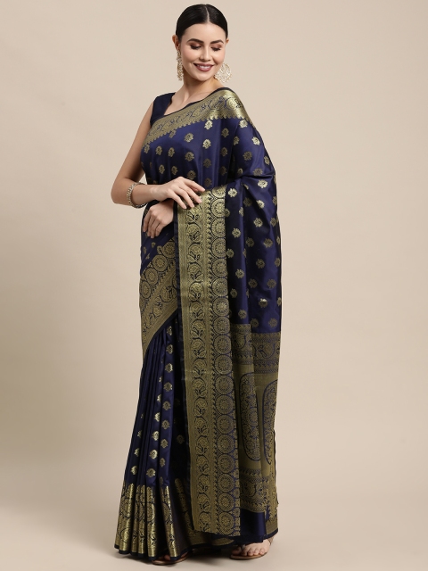 

Mitera Navy Blue & Gold-Toned Ethnic Motifs Zari Silk Blend Banarasi Saree