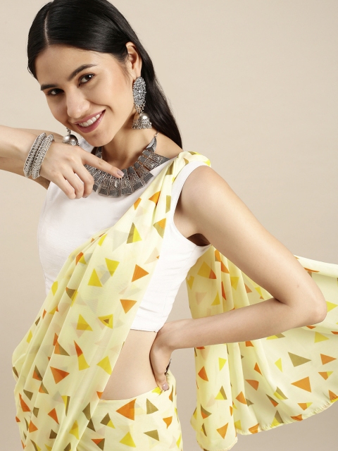 

ORUS Yellow Geometric Printed Pure Georgette Saree with Blouse
