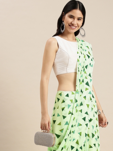 

ORUS Green Geometric Printed Pure Georgette Saree with Blouse