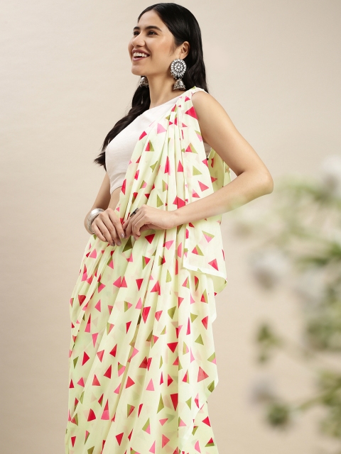

ORUS Pink & Green Printed Geometric Print Pure Georgette Saree With Blouse