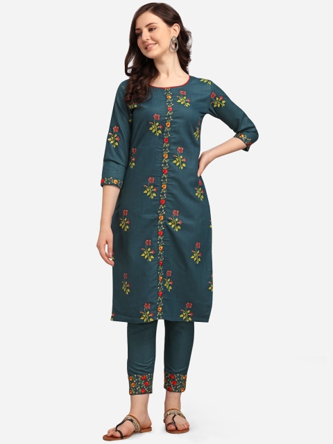 

KALINI Women Teal Floral Printed Kurta with Trousers