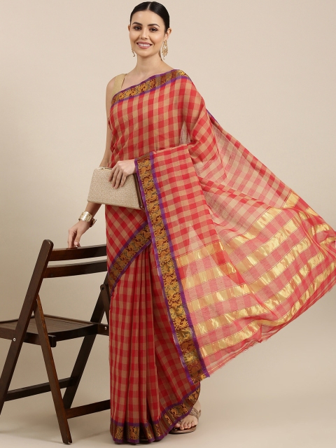 

KALINI Cream-Coloured & Red Checked Pure Cotton Dharmavaram Saree
