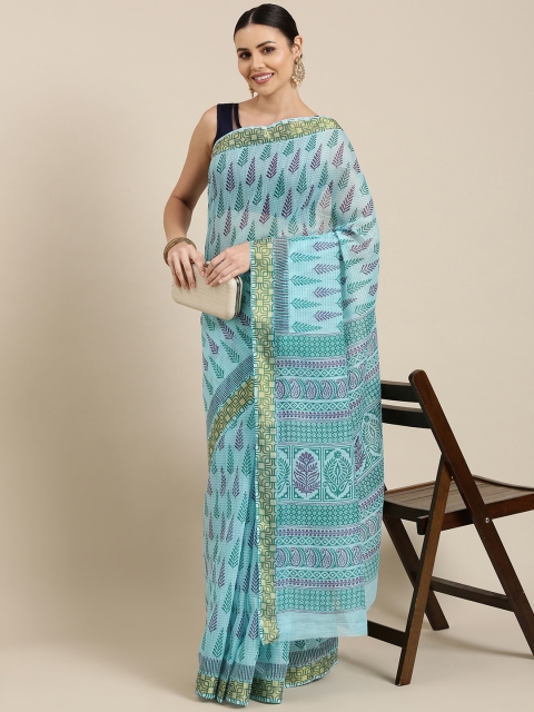 

KALINI Blue & Purple Ethnic Motifs Jute Cotton Mangalagiri Saree