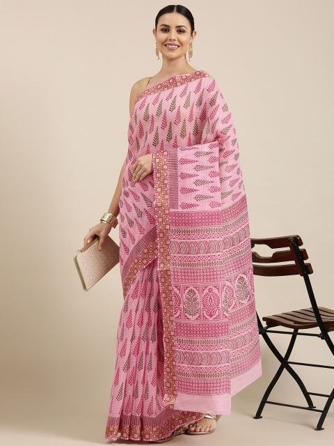 

KALINI Peach-Coloured & Green Ethnic Motifs Jute Cotton Mangalagiri Saree