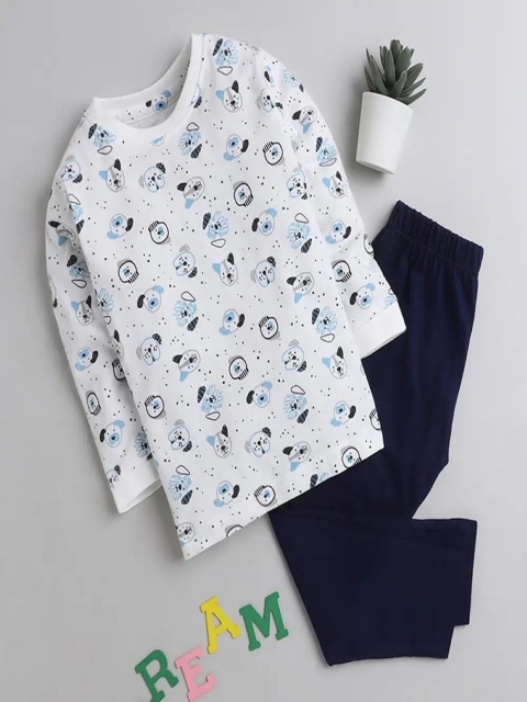 

Taatoom Boys White & Navy Blue Printed Pure Cotton Night suit