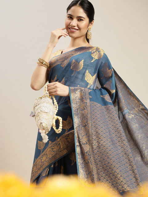 

swatika Teal & Gold-Toned Ethnic Motifs Zari Silk Blend Bhagalpuri Saree