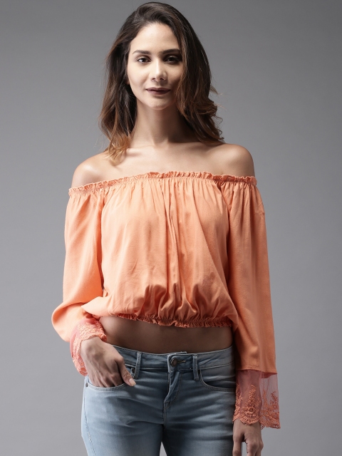 

Moda Rapido Women Peach-Coloured Solid Bardot Crop Top