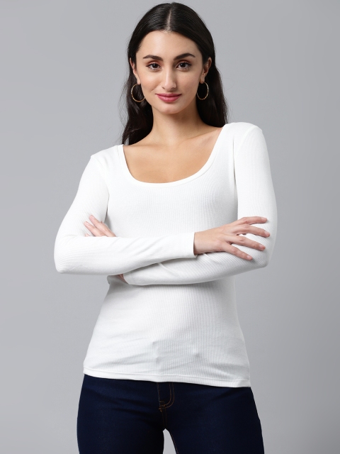 

kriatma Women White Pure Cotton Slim Fit Ribbed T-shirt