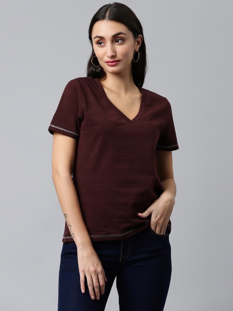 

kriatma Women Burgundy V-Neck Pure Cotton T-shirt