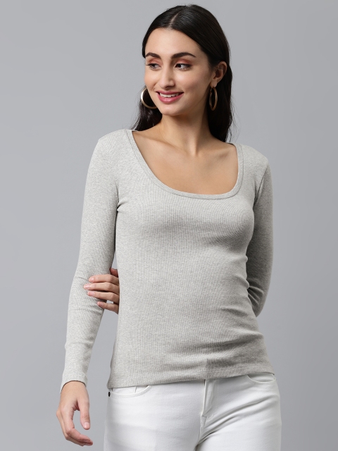 

kriatma Women Grey Melange Pure Cotton Slim Fit Ribbed T-shirt