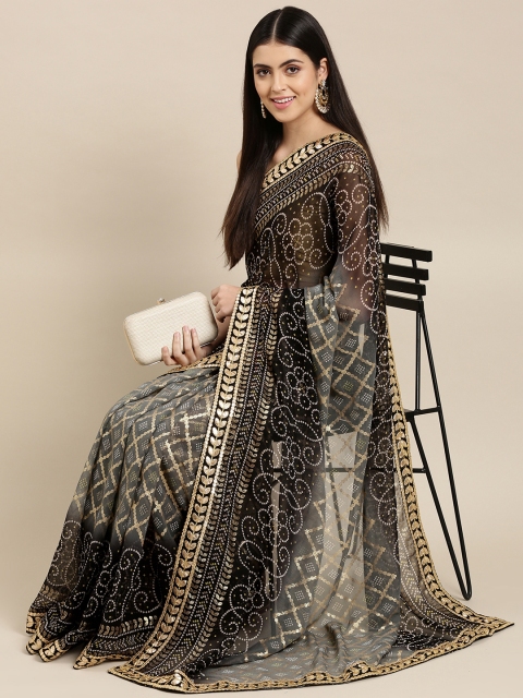 

Mitera Grey & Black Bandhani Gotta Patti Pure Georgette Bandhani Saree