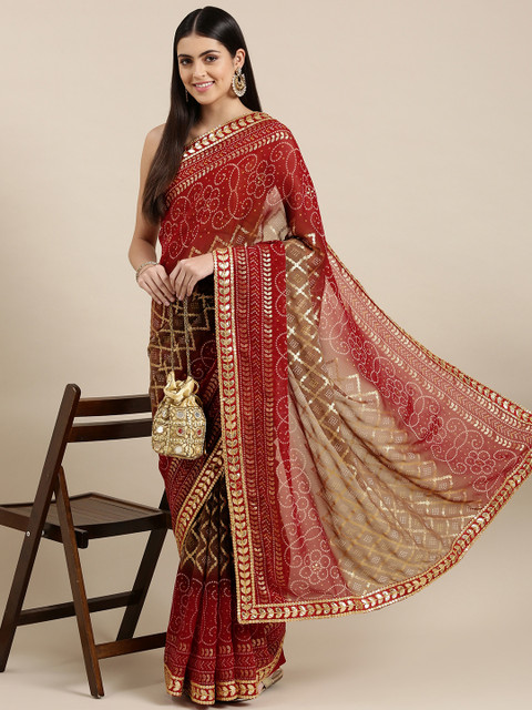 

Mitera Red & Brown Bandhani Gotta Patti Pure Georgette Bandhani Saree