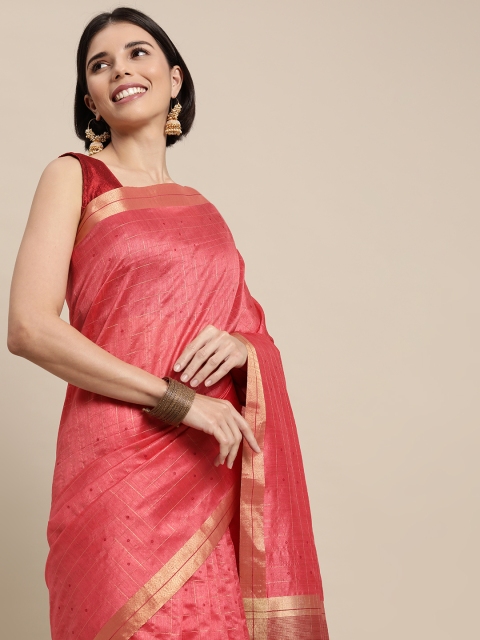 

Mitera Pink & Gold-Toned Checked Zari Silk Blend Tussar Saree