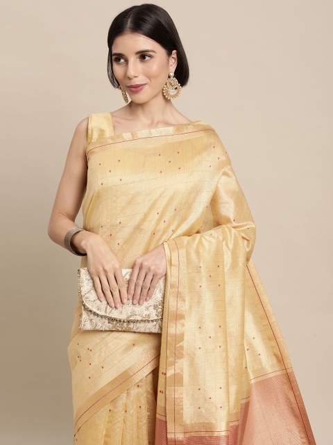 

Mitera Beige Checked Zari Silk Blend Tussar Saree